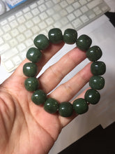 Load image into Gallery viewer, 14x13mm 100% Natural dark green/black/gray(碧玉) vintage style nephrite Jade bead bracelet HE106

