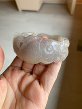 Load image into Gallery viewer, 54.6mm 100% natural light Pink/black/purple fish and lotus pods(年年有余) Quartzite (Shetaicui jade) 3D carved Bow knot bangle SY10
