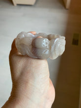 Load image into Gallery viewer, 54.6mm 100% natural light Pink/black/purple fish and lotus pods(年年有余) Quartzite (Shetaicui jade) 3D carved Bow knot bangle SY10
