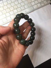 Load image into Gallery viewer, 14x13mm 100% Natural dark green/black/gray vintage style nephrite Jade bead bracelet HE107
