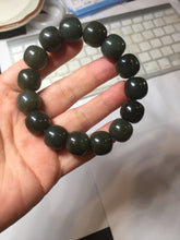 Load image into Gallery viewer, 14x13mm 100% Natural dark green/black/gray vintage style nephrite Jade bead bracelet HE107

