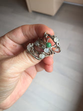 Load image into Gallery viewer, 100% natural type A sunny green white clear four-prong jadeite jade ring group PC7
