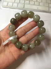 Load image into Gallery viewer, 14x13mm 100% Natural light green/gray/brown with brown flying dandelions vintage style nephrite Jade bead bracelet HE84
