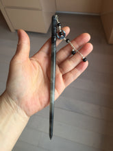 Load image into Gallery viewer, 18.5 cm 100% Natural gray black(灰冰) Bamboo-Style Xiu Jade (Serpentine) Hairpin with moon Hanging Ornament AW49
