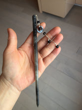 Load image into Gallery viewer, 18.5 cm 100% Natural gray black(灰冰) Bamboo-Style Xiu Jade (Serpentine) Hairpin with moon Hanging Ornament AW49
