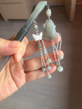 Load image into Gallery viewer, 17.5 cm 100% Natural Light yellow gray black(灰冰) Bamboo-Style Xiu Jade (Serpentine) Hairpin with rose Hanging Ornament AW46
