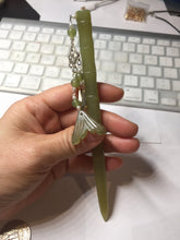 Load image into Gallery viewer, 15.5 cm 100% Natural Light Green/yellow Bamboo-Style Xiu Jade (Serpentine) Hairpin with fish tail Hanging Ornament AW45
