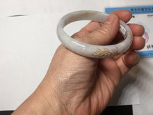 Load image into Gallery viewer, 56mm 100% Natural type A light green purple white carved flowers and golden-painted Jadeite Jade bangle PB227-0274
