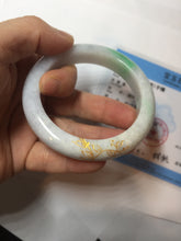 Load image into Gallery viewer, 53.5mm 100% Natural type A sunny green purple white carved flowers golden-painted Jadeite Jade bangle PF32-2885
