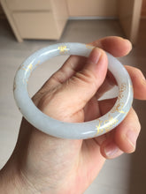 Load image into Gallery viewer, 56.5mm 100% Natural type A light green white carved and golden-painted Jadeite Jade bangle PA112-4326
