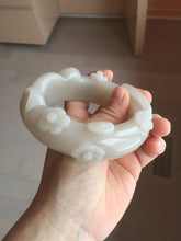 Load image into Gallery viewer, 59.5mm 100% natural white Pale sage gray Quartzite (Shetaicui jade) 3D carved cat ears/flowers/ingot bangle XY125
