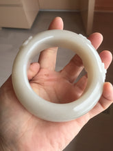 Load image into Gallery viewer, 59.5mm 100% natural white Pale sage gray Quartzite (Shetaicui jade) 3D carved cat ears/flowers/ingot bangle XY125
