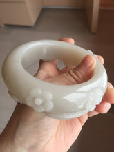 Load image into Gallery viewer, 59.5mm 100% natural white Pale sage gray Quartzite (Shetaicui jade) 3D carved cat ears/flowers/ingot bangle XY125
