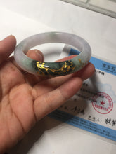 Load image into Gallery viewer, 54mm 100% Natural type A dark green purple white carved plum bossom and golden-painted Jadeite Jade bangle BP166-0266
