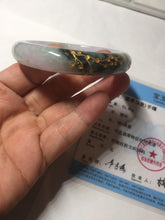 Load image into Gallery viewer, 54mm 100% Natural type A dark green purple white carved plum bossom and golden-painted Jadeite Jade bangle BP166-0266
