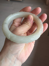 Load image into Gallery viewer, 59.6mm 100% natural beigh/pink/brown/gray Quartzite (Shetaicui jade) 3D carved Cat/kitten and lotus leaf bangle XY120

