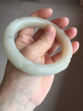 Load image into Gallery viewer, 59.6mm 100% natural beigh/pink/brown/gray Quartzite (Shetaicui jade) 3D carved Cat/kitten and lotus leaf bangle XY120
