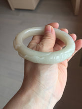 Load image into Gallery viewer, 59.6mm 100% natural beigh/pink/brown/gray Quartzite (Shetaicui jade) 3D carved Cat/kitten and lotus leaf bangle XY120
