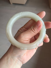 Load image into Gallery viewer, 59.6mm 100% natural beigh/pink/brown/gray Quartzite (Shetaicui jade) 3D carved Cat/kitten and lotus leaf bangle XY120
