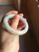 Load image into Gallery viewer, 53.5mm 100% Natural type A sunny green purple white carved flowers golden-painted Jadeite Jade bangle PF32-2885
