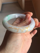 Load image into Gallery viewer, 53.5mm 100% Natural type A sunny green purple white carved flowers golden-painted Jadeite Jade bangle PF32-2885
