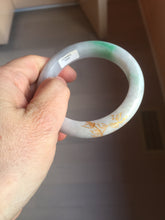 Load image into Gallery viewer, 53.5mm 100% Natural type A sunny green purple white carved flowers golden-painted Jadeite Jade bangle PF32-2885
