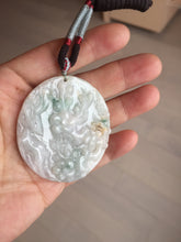Load image into Gallery viewer, Type A 100% Natural light green/white carved plum blossoms and sika deer (Flowers all the way, 一路繁花)jadeite Jade Pendant  AA26
