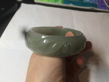 Load image into Gallery viewer, 60.8mm 100% natural dark green/gray  carved fish and lotus(年年有余) Quartzite (Shetaicui jade) bangle SY61

