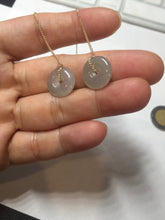 Load image into Gallery viewer, 12.8mm 100% Natural icy watery fine texture light green purple safe and sound donut button jadeite Jade dangling earring PB176
