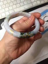 Load image into Gallery viewer, 58mm certified 100% Natural type A sunny green dark green purple carved branches and flowers and golden-painted Jadeite Jade bangle PH185-5926
