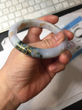 Load image into Gallery viewer, 58mm certified 100% Natural type A sunny green dark green purple carved branches and flowers and golden-painted Jadeite Jade bangle PH185-5926
