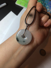 Load image into Gallery viewer, 26.2/5.5mm 100% Natural icy watery green/white with green floating flowers jadeite Jade Safety Guardian Button(donut) Pendant/worry stone BF47
