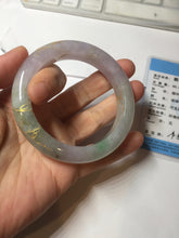 Load image into Gallery viewer, 53.3mm 100% Natural type A sunny green purple brown gray white carved flowers and golden-painted Jadeite Jade bangle BG231-5035
