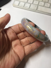 Load image into Gallery viewer, 56.5mm 100% Natural type A sunny green purple brown gray white carved flowers and golden-painted Jadeite Jade bangle BG232
