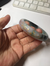 Load image into Gallery viewer, 56.5mm 100% Natural type A sunny green purple brown gray white carved flowers and golden-painted Jadeite Jade bangle BG232
