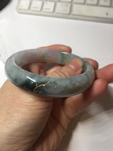 Load image into Gallery viewer, 56.5mm 100% Natural type A sunny green purple brown gray white carved flowers and golden-painted Jadeite Jade bangle BG232
