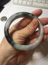 Load image into Gallery viewer, 56.5mm 100% Natural type A sunny green purple brown gray white carved flowers and golden-painted Jadeite Jade bangle BG232
