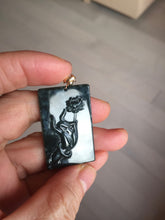 Load image into Gallery viewer, Type A 100% Natural dark green/blue/black Guatemala Jadeite hand/flower The World in a Single Bloom (一花一世界) Safe and sound rectangle pendant PF53
