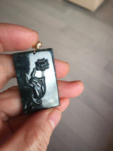 Load image into Gallery viewer, Type A 100% Natural dark green/blue/black Guatemala Jadeite hand/flower The World in a Single Bloom (一花一世界) Safe and sound rectangle pendant PF53

