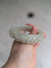 Load image into Gallery viewer, 53mm 100% natural light green/gray/pale pink Quartzite (Shetaicui jade) carved flowers bangle XY90
