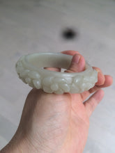 Load image into Gallery viewer, 53mm 100% natural light green/gray/pale pink Quartzite (Shetaicui jade) carved flowers bangle XY90
