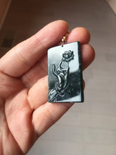 Load image into Gallery viewer, Type A 100% Natural dark green/blue/black Guatemala Jadeite hand/flower The World in a Single Bloom (一花一世界) Safe and sound rectangle pendant PF53
