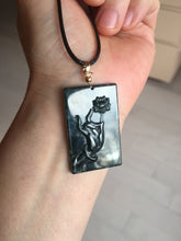 Load image into Gallery viewer, Type A 100% Natural dark green/blue/black Guatemala Jadeite hand/flower The World in a Single Bloom (一花一世界) Safe and sound rectangle pendant PF53
