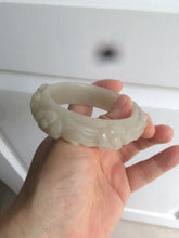 Load image into Gallery viewer, 53mm 100% natural light green/gray/pale pink Quartzite (Shetaicui jade) carved flowers bangle XY90
