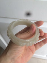Load image into Gallery viewer, 53mm 100% natural light green/gray/pale pink Quartzite (Shetaicui jade) carved flowers bangle XY90
