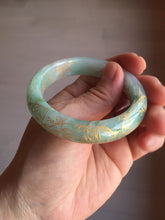 Load image into Gallery viewer, 51.5mm 100% Natural type A sunny green white carved flowers(繁花似锦) golden-painted Jadeite Jade bangle PF15
