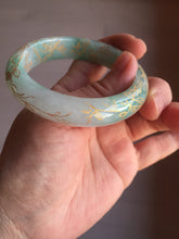 Load image into Gallery viewer, 51.5mm 100% Natural type A sunny green white carved flowers(繁花似锦) golden-painted Jadeite Jade bangle PF15
