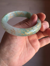 Load image into Gallery viewer, 51.5mm 100% Natural type A sunny green white carved flowers(繁花似锦) golden-painted Jadeite Jade bangle PF15
