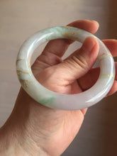 Load image into Gallery viewer, 55.3mm 100% Natural type A sunny green purple white carved flowers and golden-painted chubby Jadeite Jade bangle PF17-2326
