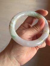 Load image into Gallery viewer, 55.3mm 100% Natural type A sunny green purple white carved flowers and golden-painted chubby Jadeite Jade bangle PF17-2326
